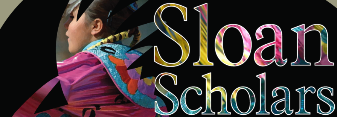 Sloan Logo-Female Fancy Dancer looking away with beautiful shawl.