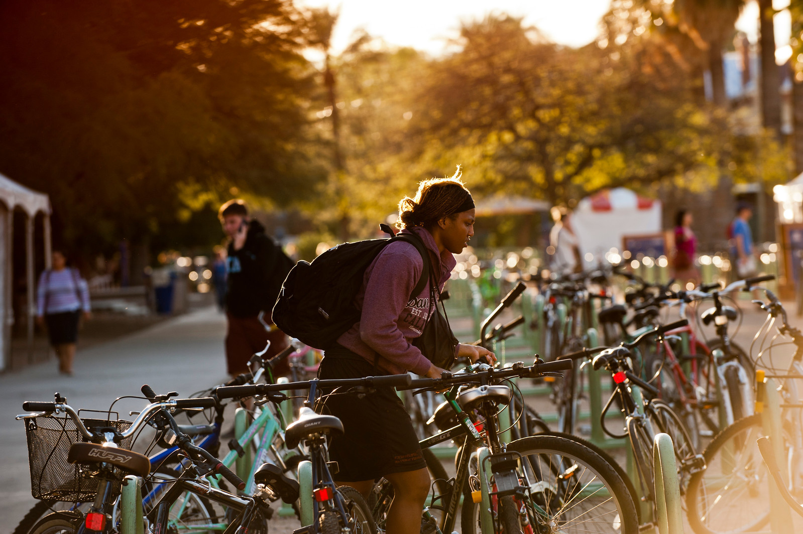 A student with a bicycle haloed by the sunset